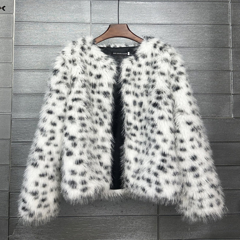 Dalmatian Faux Fur Jacket Short Collarless Fuzzy Outerwear for Women