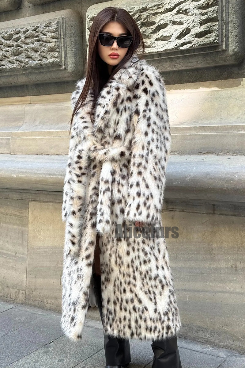 Dalmatian Fur Coat Belted Leopard Print Overcoat for Women