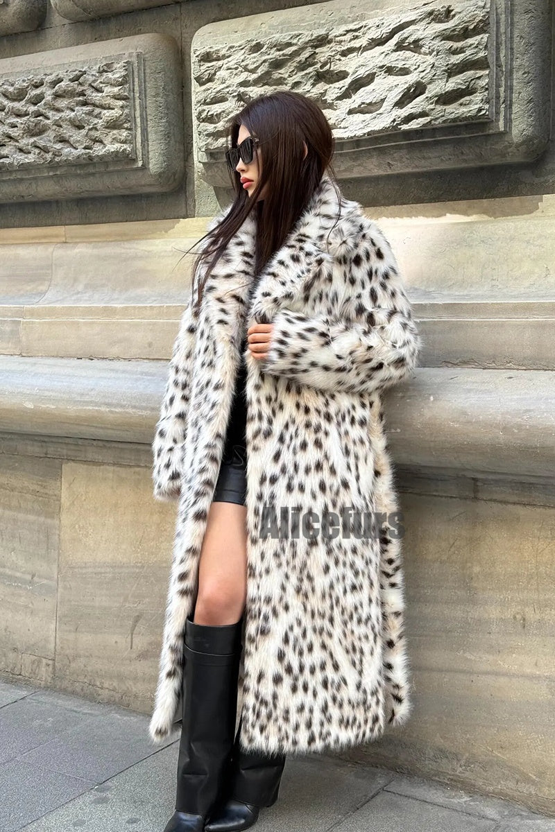 Dalmatian Fur Coat Belted Leopard Print Overcoat for Women