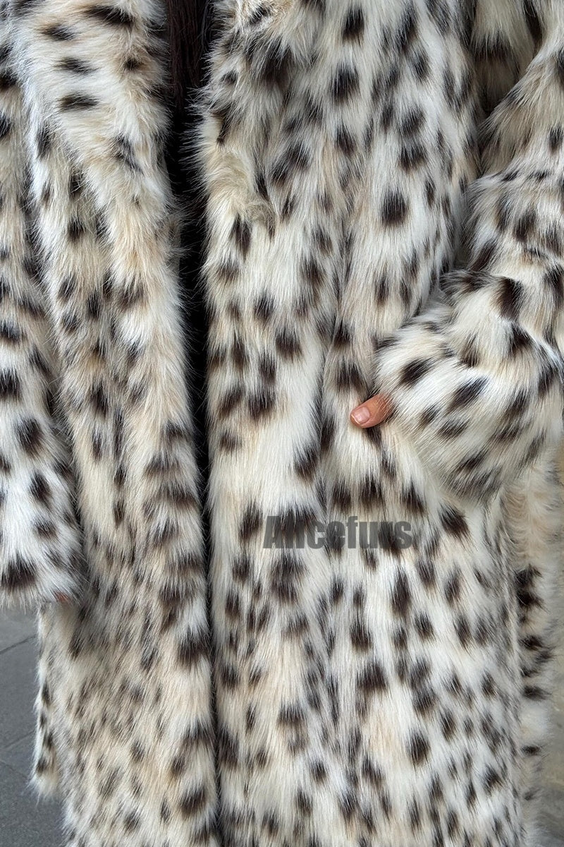 Dalmatian Fur Coat Belted Leopard Print Overcoat for Women