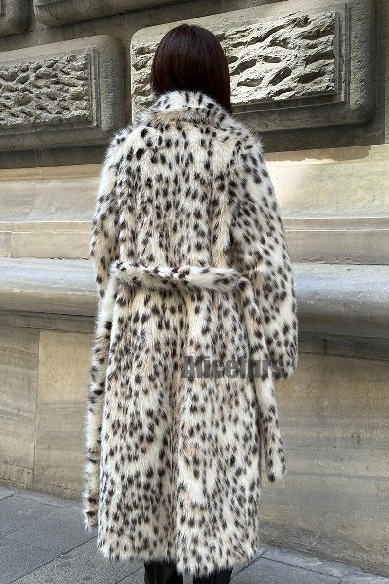 Dalmatian Fur Coat Belted Leopard Print Overcoat for Women