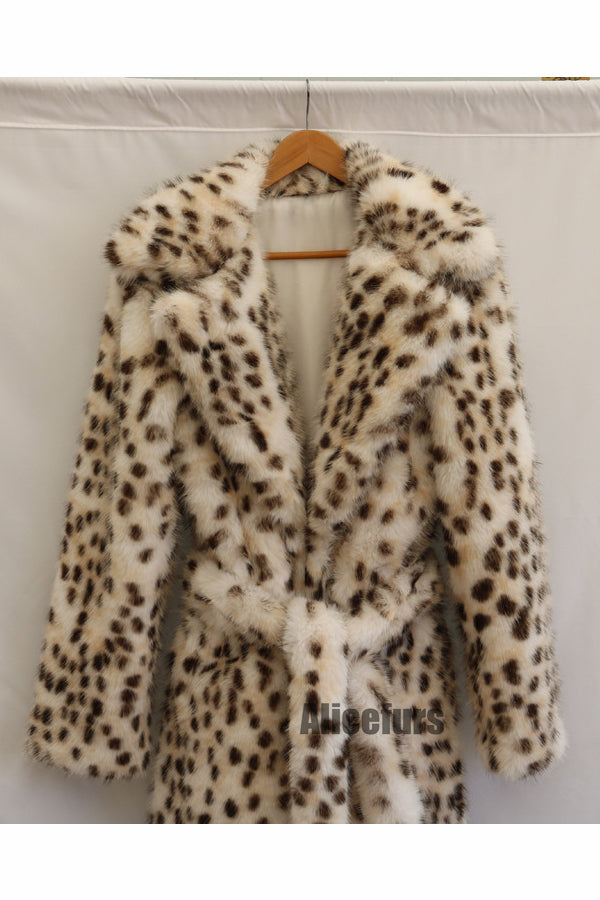 Dalmatian Fur Coat Brownish Belted Long Overcoat for Women