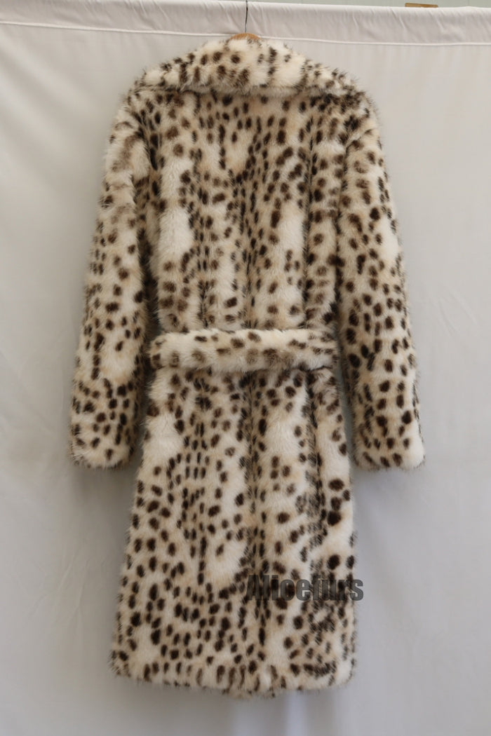 Dalmatian Fur Coat Brownish Belted Long Overcoat for Women