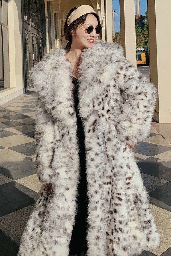 Dalmatian Fur Dress Coat Winter Snow Leopard Overcoat for Women