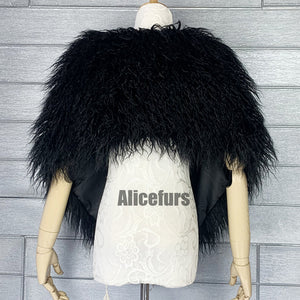 dress fur shawl shaggy mongolian fur stole for women in black 2 Alicefurs