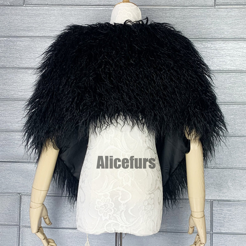 Dress Fur Shawl Shaggy Mongolian Fur Stole for Women