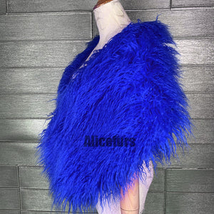 dress fur shawl shaggy mongolian fur stole for women in royal blue 1 Alicefurs