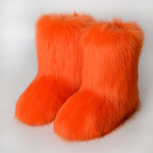 faux fox fur boots winter mid calf booties for women in orange Alicefurs