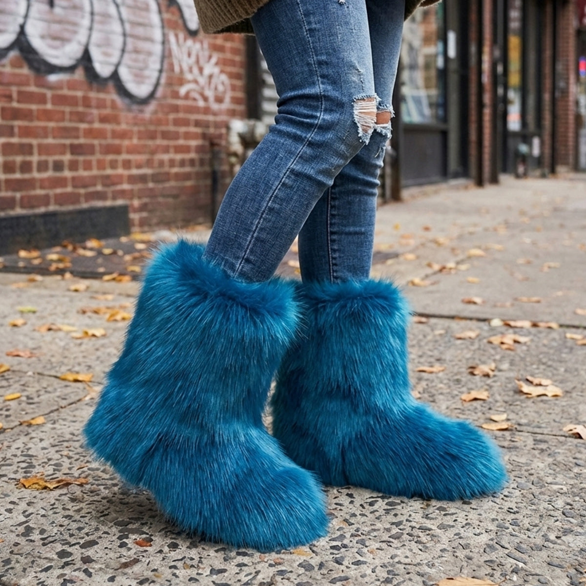 Faux Fox Fur Boots Winter Mid Calf Booties for Women