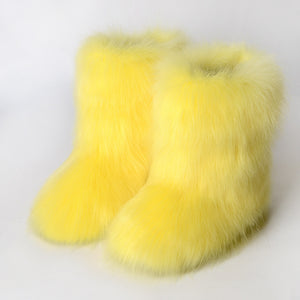 faux fox fur boots winter mid calf booties for women in yellow Alicefurs