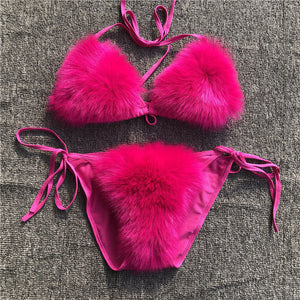 faux fur bikinis detachable two pieces furry lingerie for women in hot pink Alicefurs