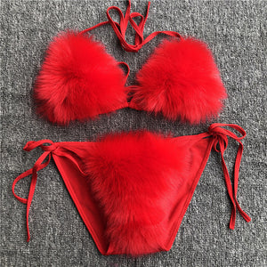 faux fur bikinis detachable two pieces furry lingerie for women in red Alicefurs