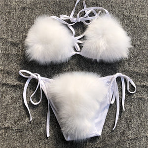 faux fur bikinis detachable two pieces furry lingerie for women in white Alicefurs