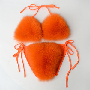 faux fur bikinis fuzzy swimwear for women in orange Alicefurs