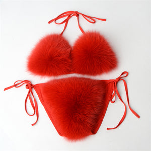 faux fur bikinis fuzzy swimwear for women in red Alicefurs