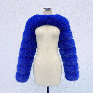 faux fur bolero fluffy long sleeves shrug for women in royal blue 1 Alicefurs