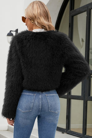 faux fur bolero winter long sleeves cropped fluffy jacket in black 3 Alicefurs