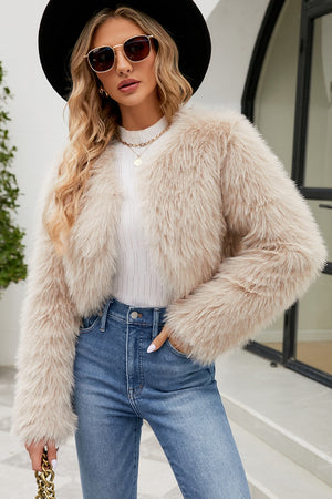faux fur bolero winter long sleeves cropped fluffy jacket in desert sand 1 Alicefurs