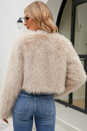 faux fur bolero winter long sleeves cropped fluffy jacket in desert sand 3 Alicefurs