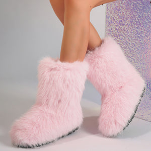 faux fur boots flat furry christmas boots for women in pink 3 Alicefurs
