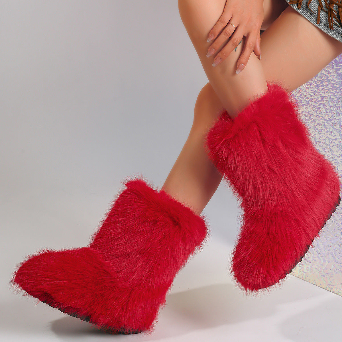 Faux Fur Boots Flat Furry Christmas Boots for Women