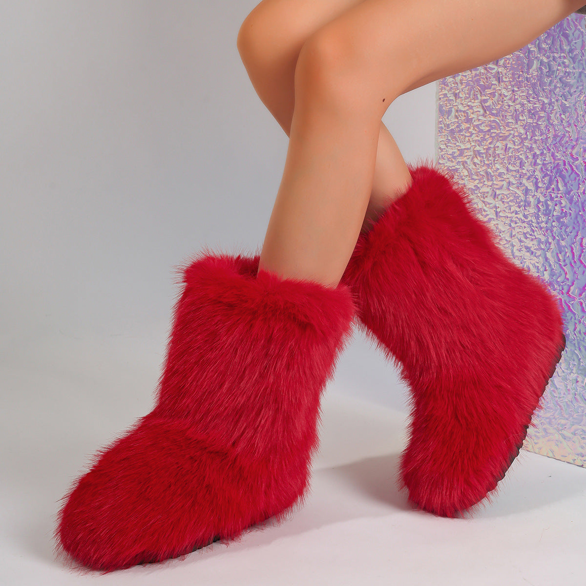 Faux Fur Boots Flat Furry Christmas Boots for Women