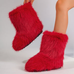 faux fur boots flat furry christmas boots for women in red Alicefurs
