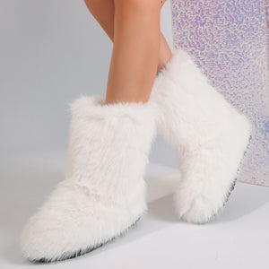 faux fur boots flat furry christmas boots for women in white 1 Alicefurs
