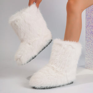 faux fur boots flat furry christmas boots for women in white 2 Alicefurs