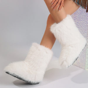 faux fur boots flat furry christmas boots for women in white 3 Alicefurs