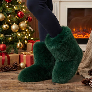 faux fur boots fluffy winter booties for women in dark green 1 Alicefurs