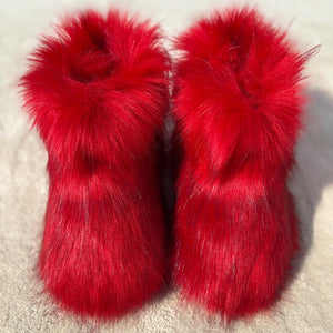 faux fur boots winter warm fluffy boots for toddlers and little girls in blackish red Alicefurs