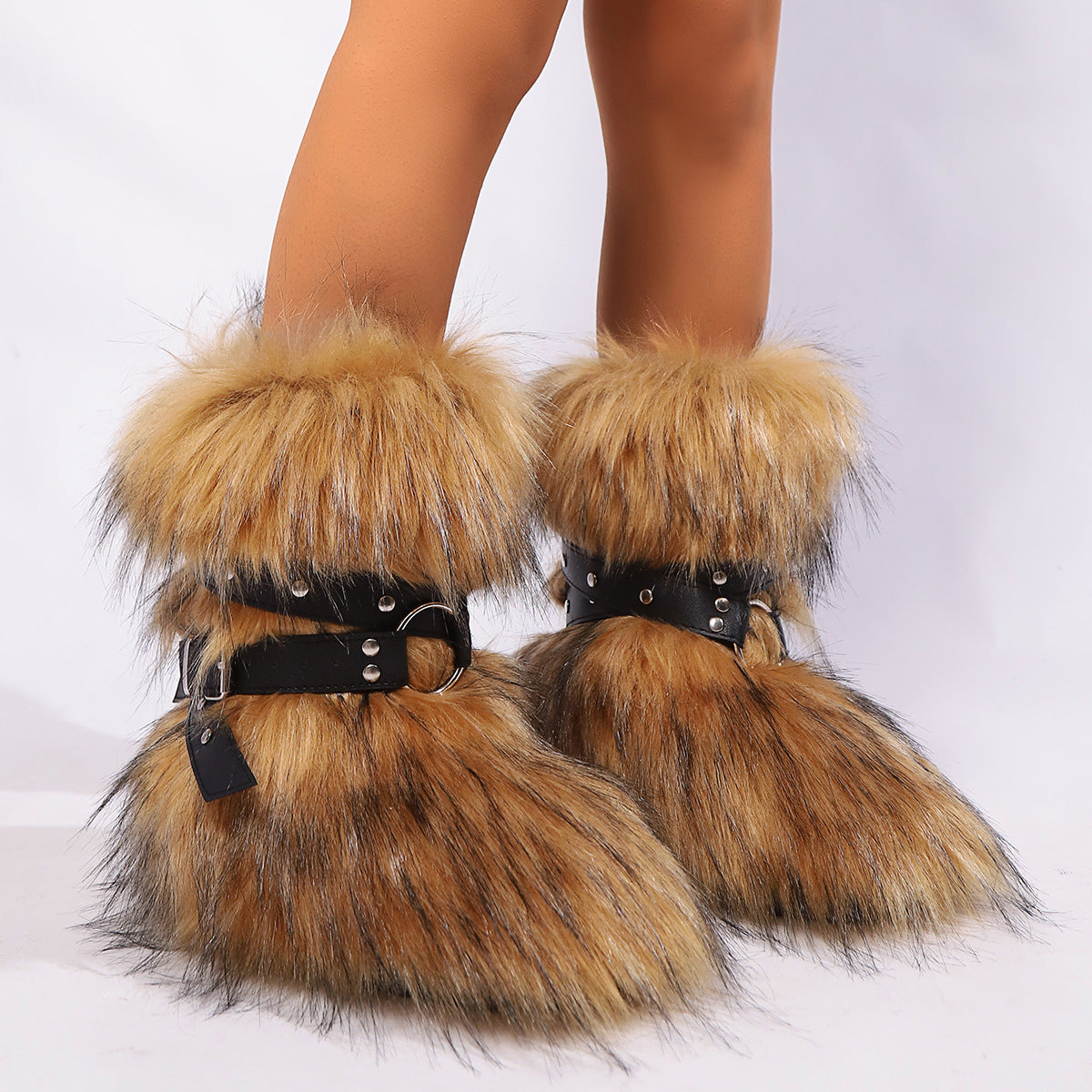 Faux Fur Boots with Cross Straps Winter Fluffy Mid-Calf Boots for Women