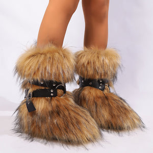 faux fur boots with cross straps winter fluffy ankle boots for women in brown 1 Alicefurs