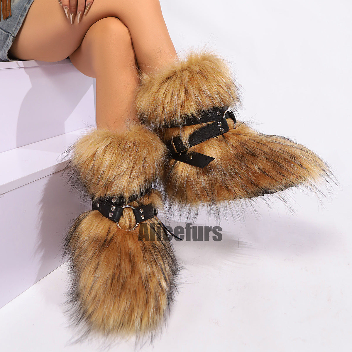 Faux Fur Boots with Cross Straps Winter Fluffy Mid-Calf Boots for Women