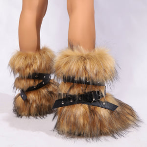 faux fur boots with cross straps winter fluffy ankle boots for women in brown 3 Alicefurs