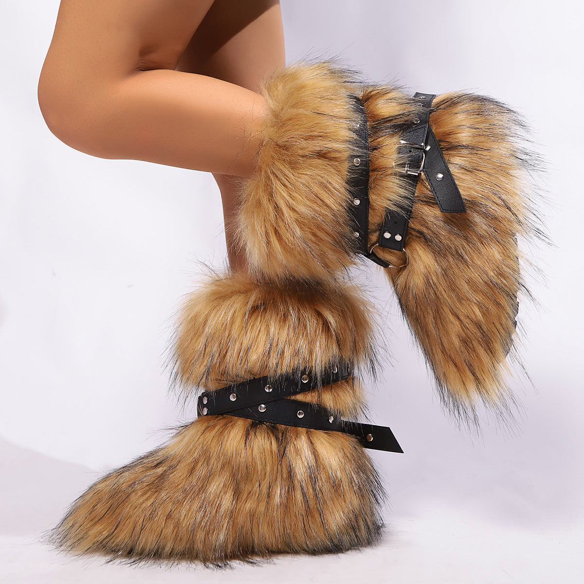 Faux Fur Boots with Cross Straps Winter Fluffy Mid-Calf Boots for Women