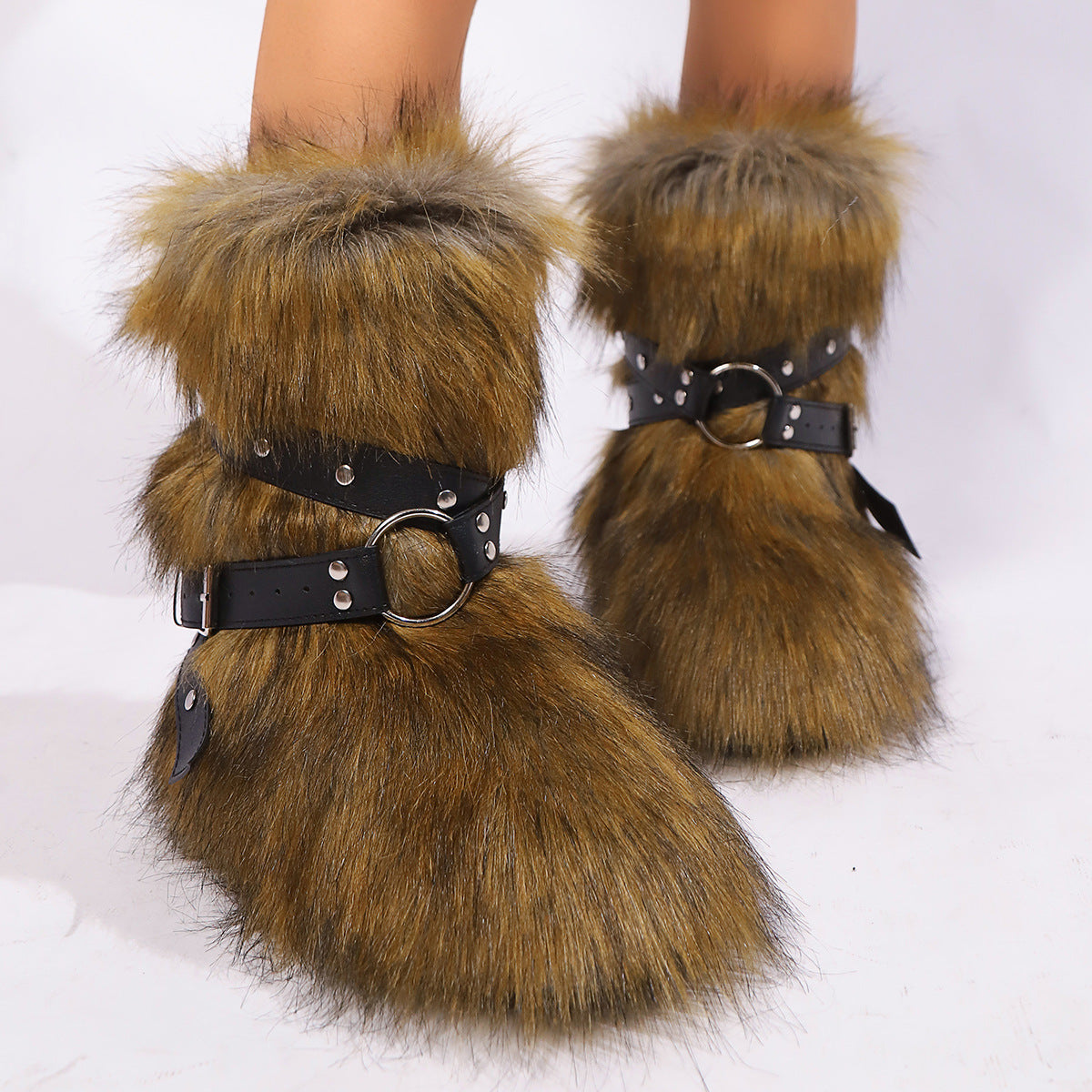 Faux Fur Boots with Cross Straps Winter Fluffy Mid-Calf Boots for Women