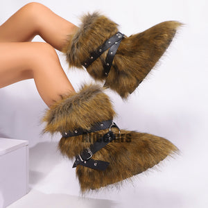 faux fur boots with cross straps winter fluffy ankle boots for women in wild brown 2 Alicefurs