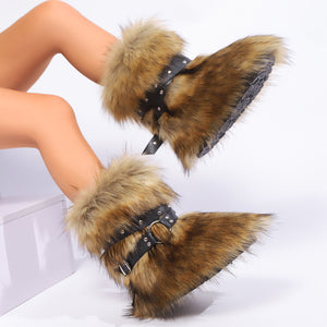 faux fur boots with cross straps winter fluffy mid calf boots for women in raccoon brown 1 Alicefurs