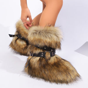 faux fur boots with cross straps winter fluffy mid calf boots for women in raccoon brown Alicefurs