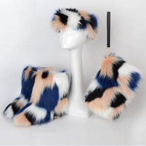 faux fur boots with matching headband and purse for women 1 Alicefurs
