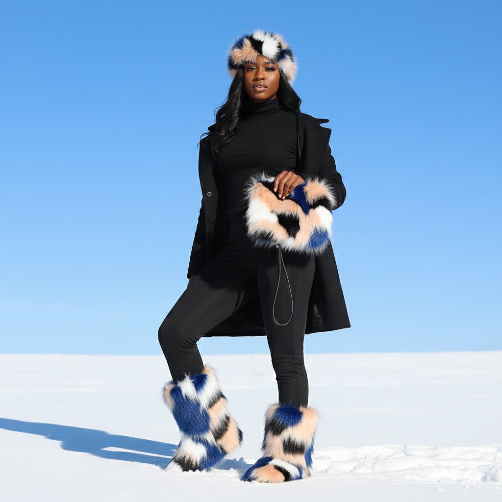 Faux Fur Boots with Matching Headband and Purse for Women