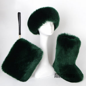 faux fur boots with matching headband and wristlet bag for women in dark green Alicefurs