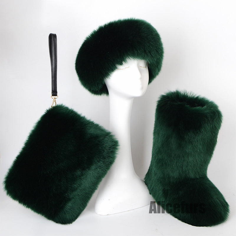 Faux Fur Boots with Matching Headband and Wristlet Bag for Women