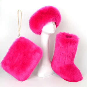 faux fur boots with matching headband and wristlet bag for women in fuchsia Alicefurs