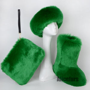 faux fur boots with matching headband and wristlet bag for women in lime green Alicefurs