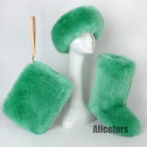 faux fur boots with matching headband and wristlet bag for women in mint green Alicefurs
