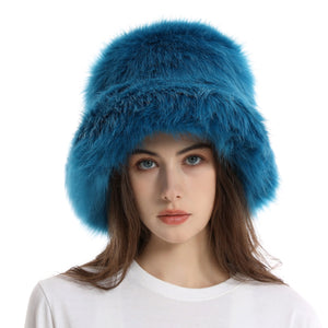faux fur bucket hat for women in turquoise Alicefurs