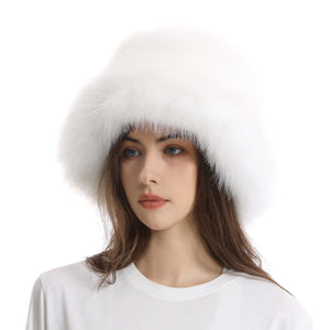 faux fur bucket hat for women in white 1 Alicefurs